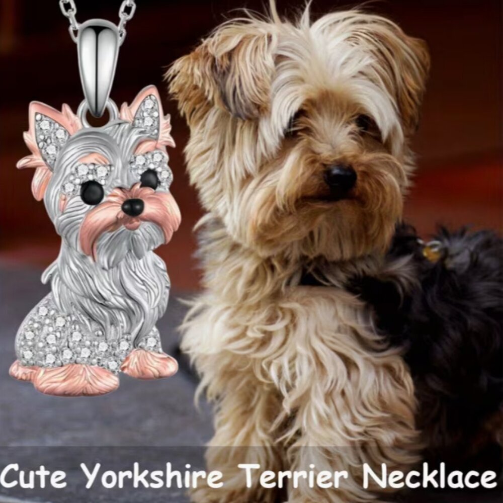 Cute Yorkshire Rhinestone Yorkie Puppy Pendant Goldplated Pet Lovers Necklace